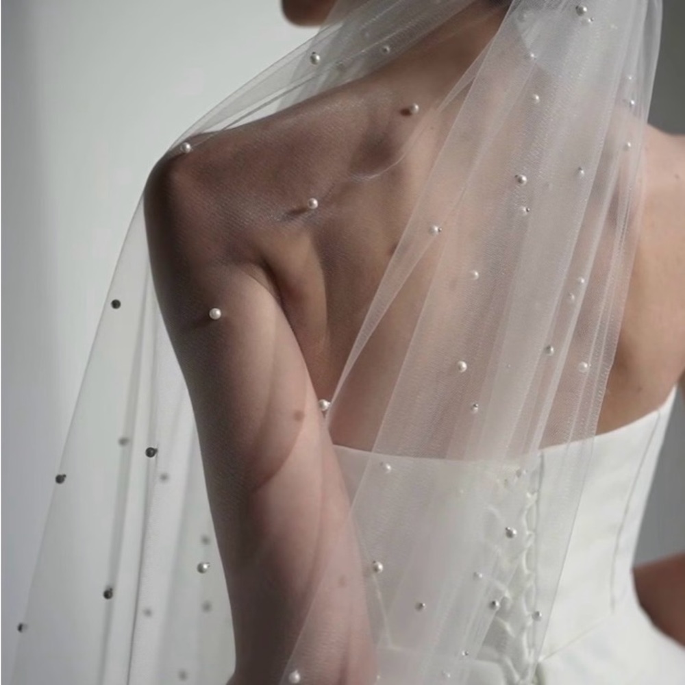 Elegant White Veil with Pearl Detailing